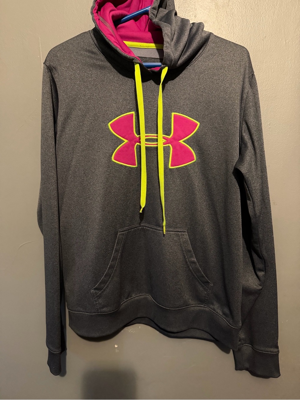 Under Armour Women's Charcoal Hoodie with Pink Logo and Yellow Drawstrings